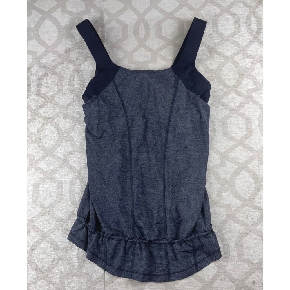 Lululemon Run For Your Life Tank Top Women 10 Gray Black Built-in Bra Ruffle